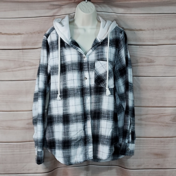Time & Tru hooded flannel shirt button down black white cream plaid pattern L - Picture 3 of 10